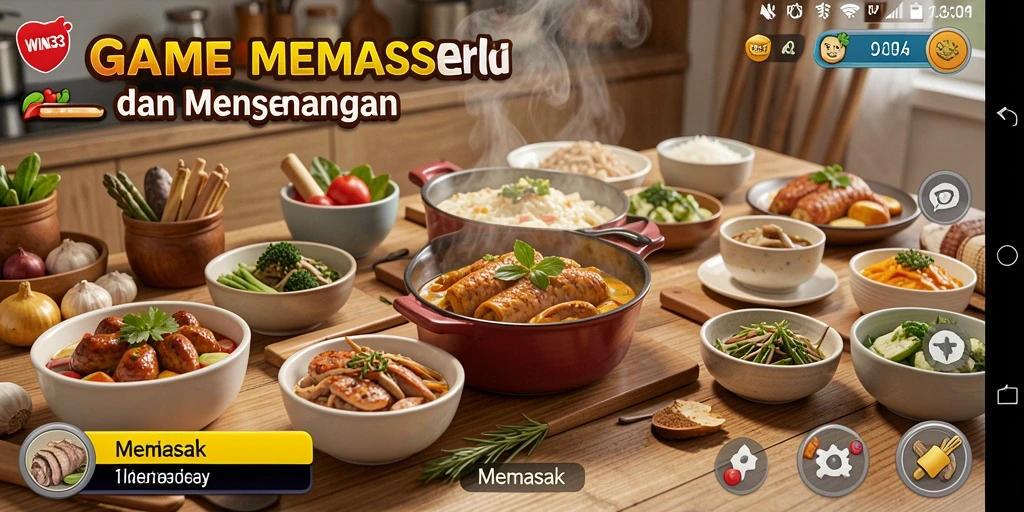 Screenshot WIN33 menampilkan antarmuka memasak yang menarik dan interaktif.